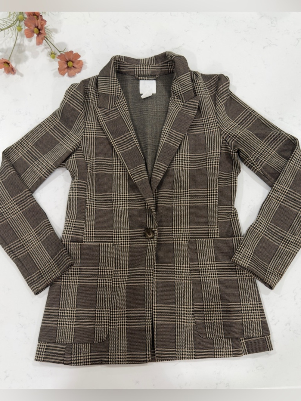 H&M Brown Plaid Single-Button Blazer